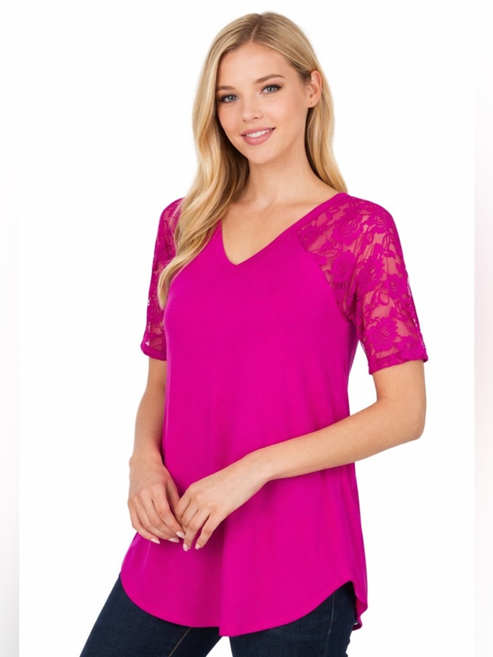 Magenta Lace Sleeve V Neck Top